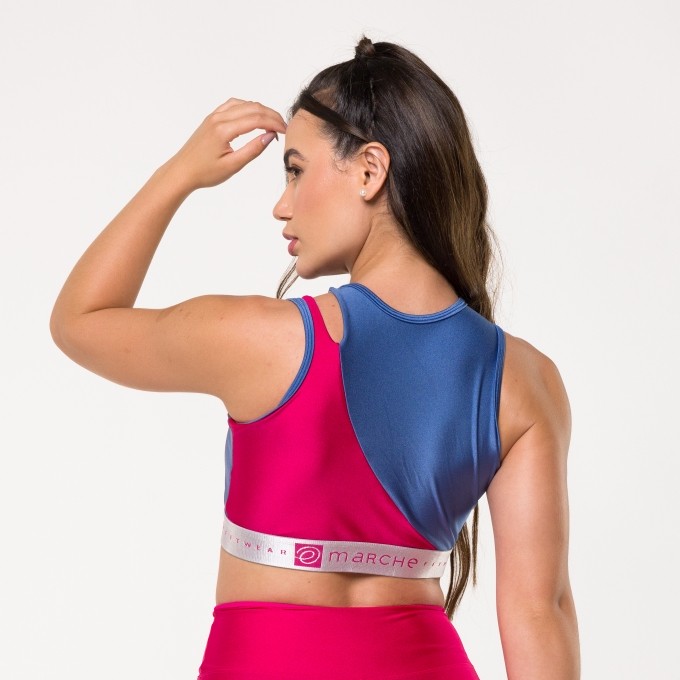 Top Azul Blue Boy Metalic com Fenda Rosa Enjoy Metalic no Ombro
